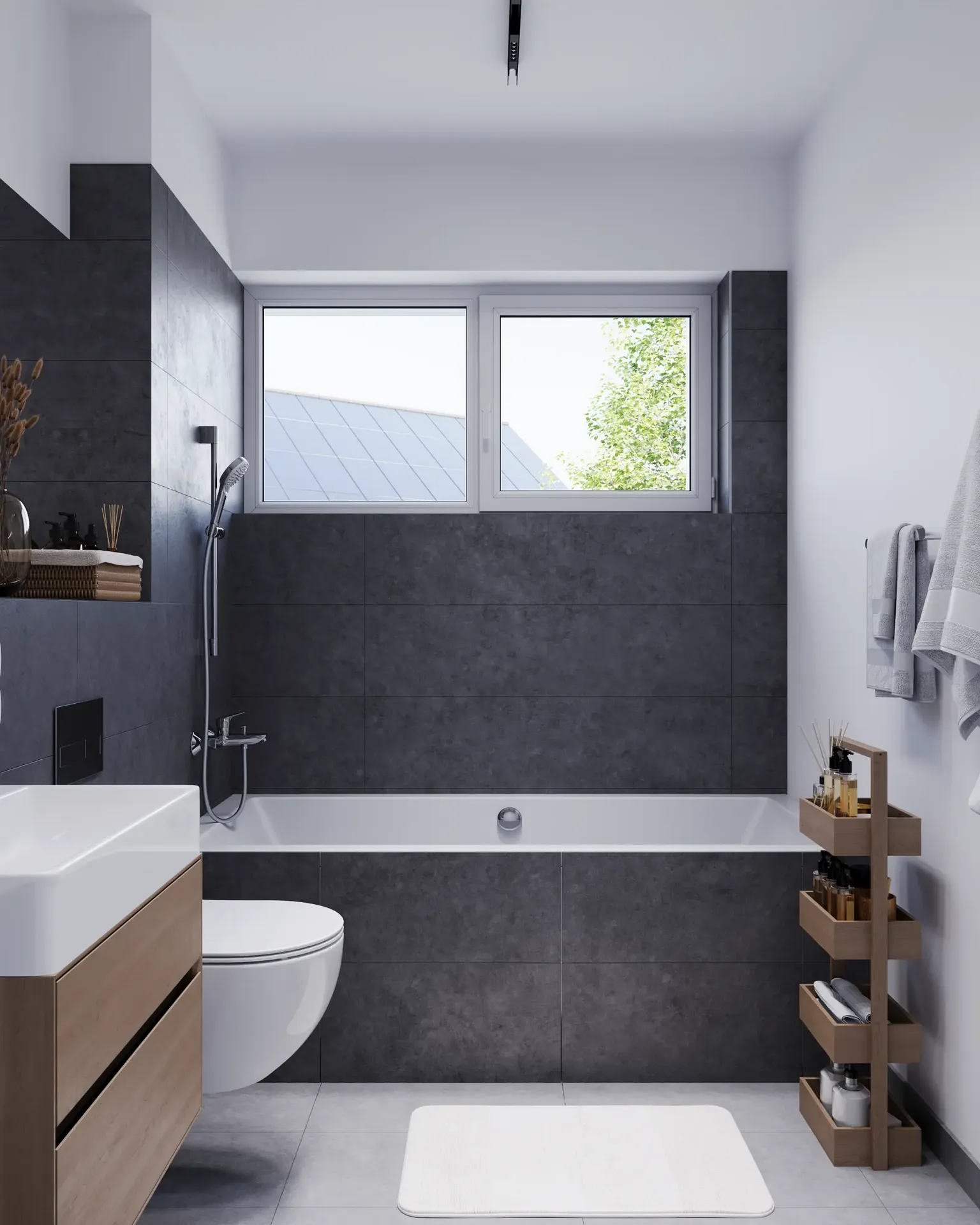 Vue de face d'une vanité de salle de bain et d'un support de rangement.