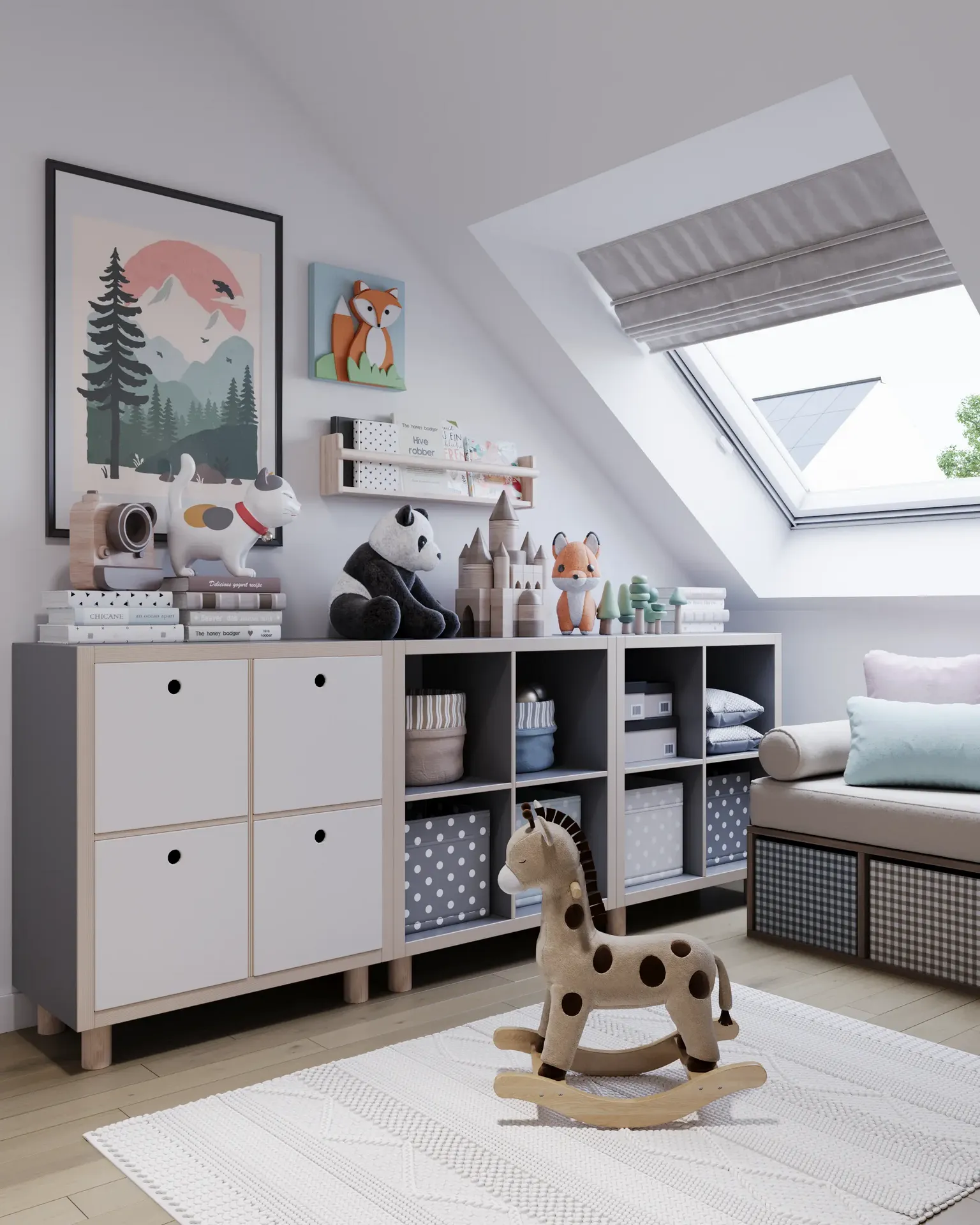 Commode pour jouets et livres près de la fenêtre.