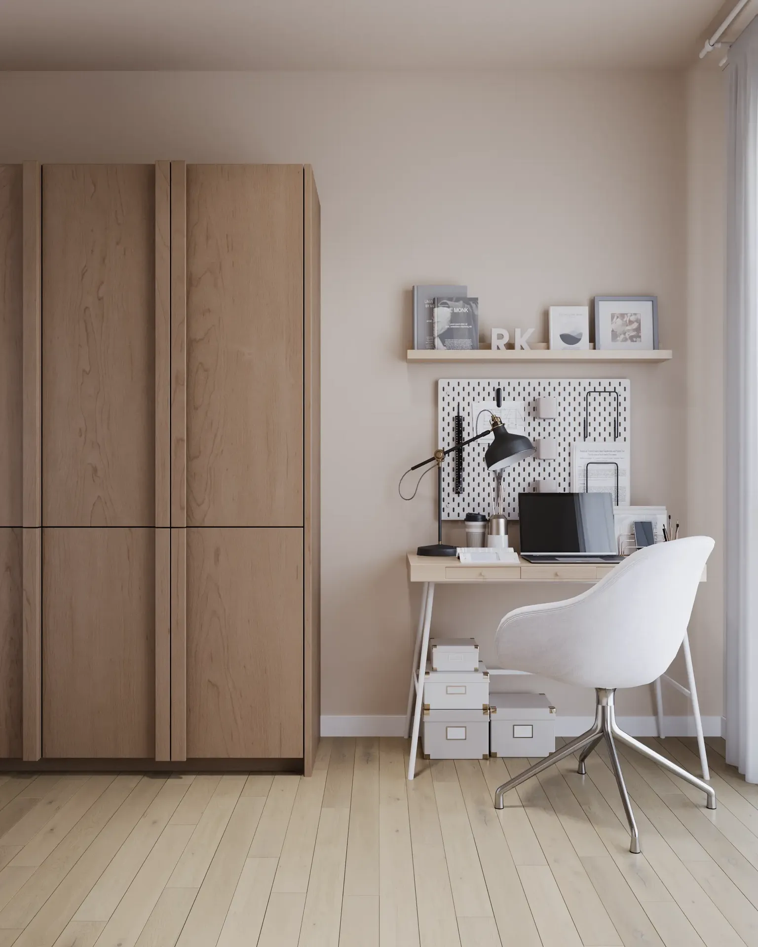 Vue de face d'une armoire et d'un espace de travail avec un ordinateur portable.