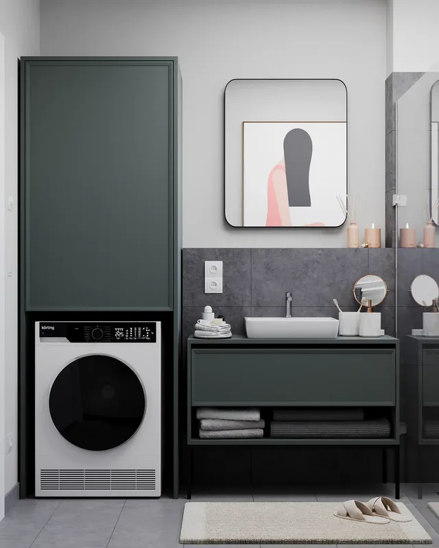 Vue de face d'un lavabo, d'un miroir et d'un lave-linge.