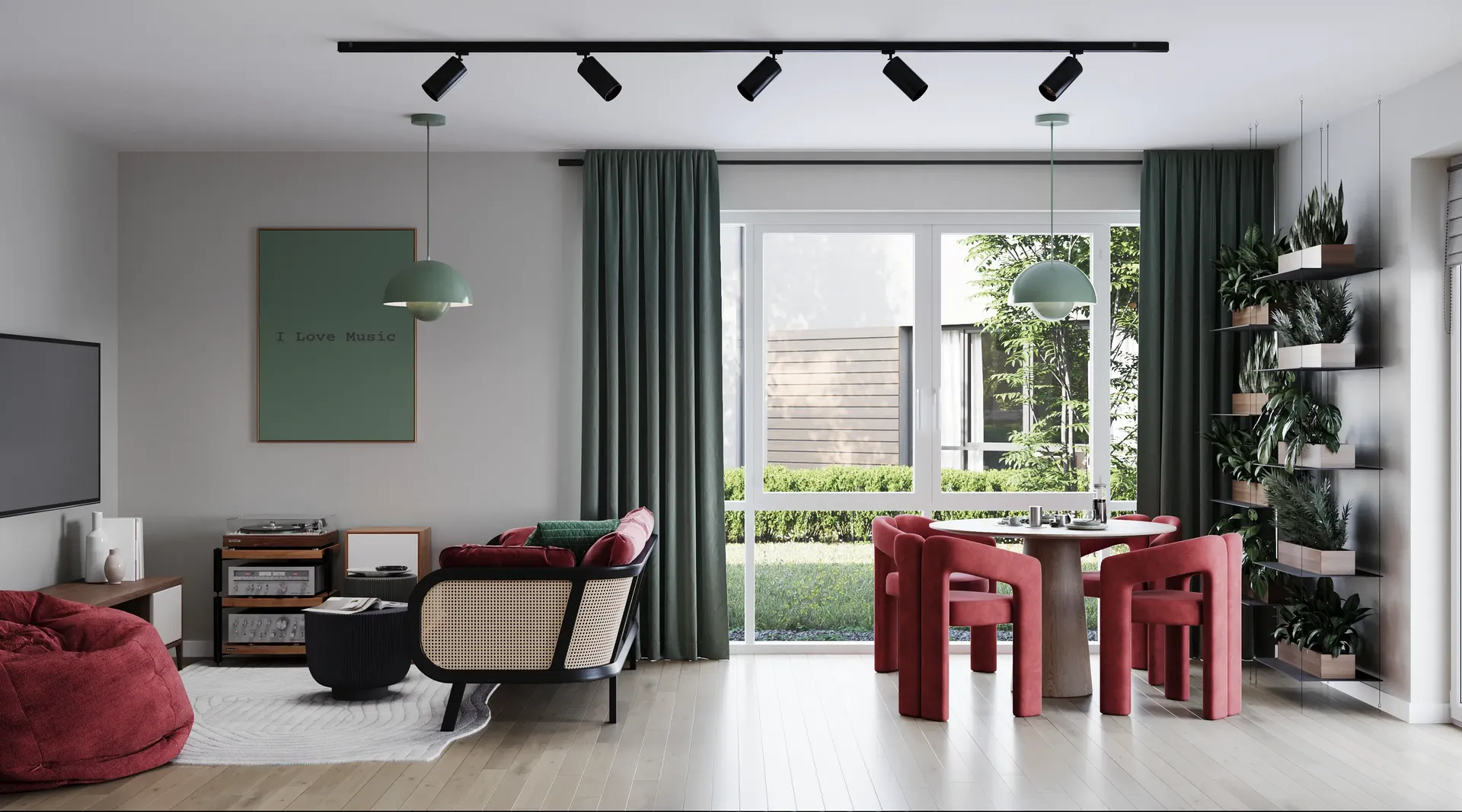 Vue générale du salon avec canapé, TV, coin repas et plantes.