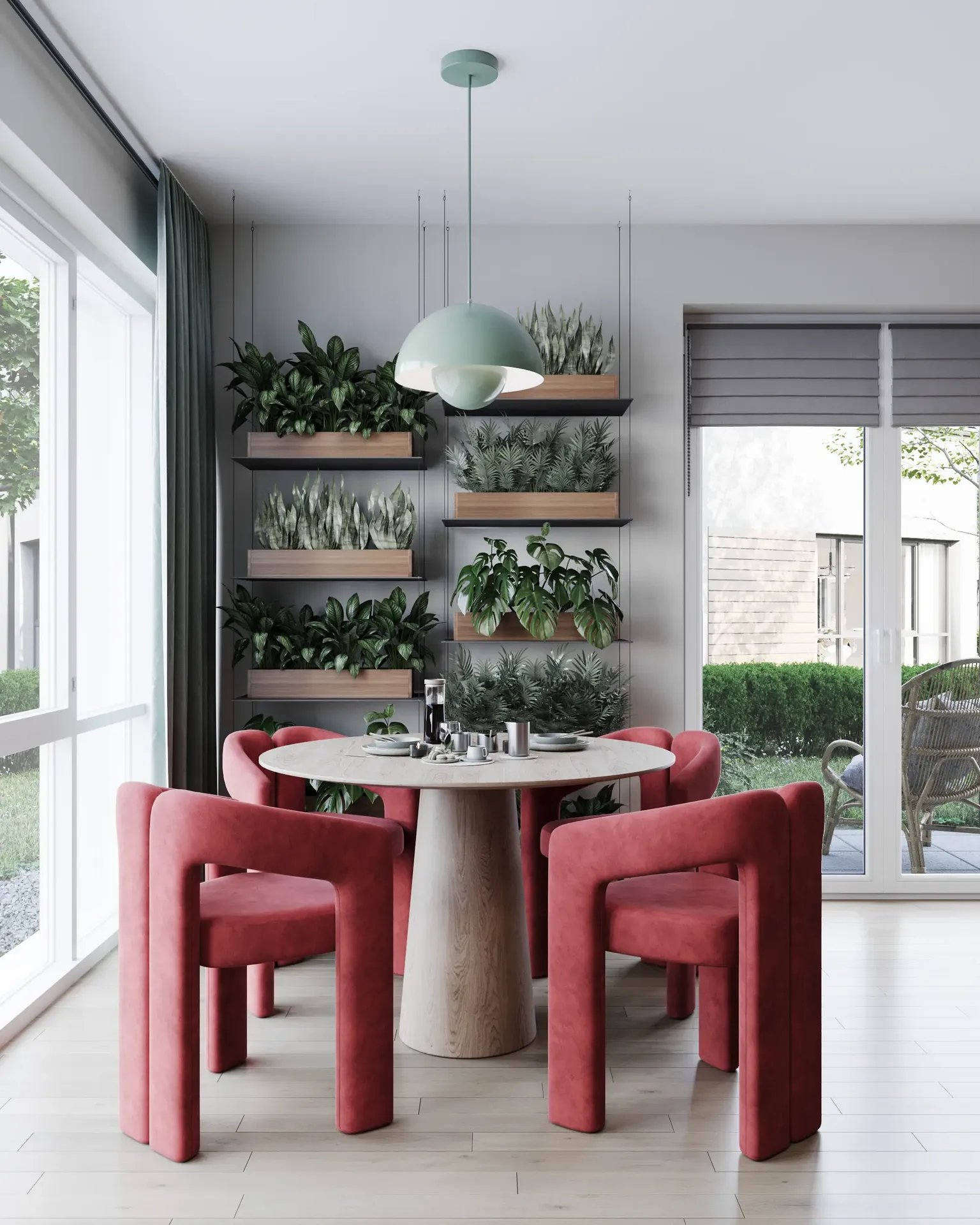 Table à manger pour quatre personnes à côté d'une étagère avec des plantes.