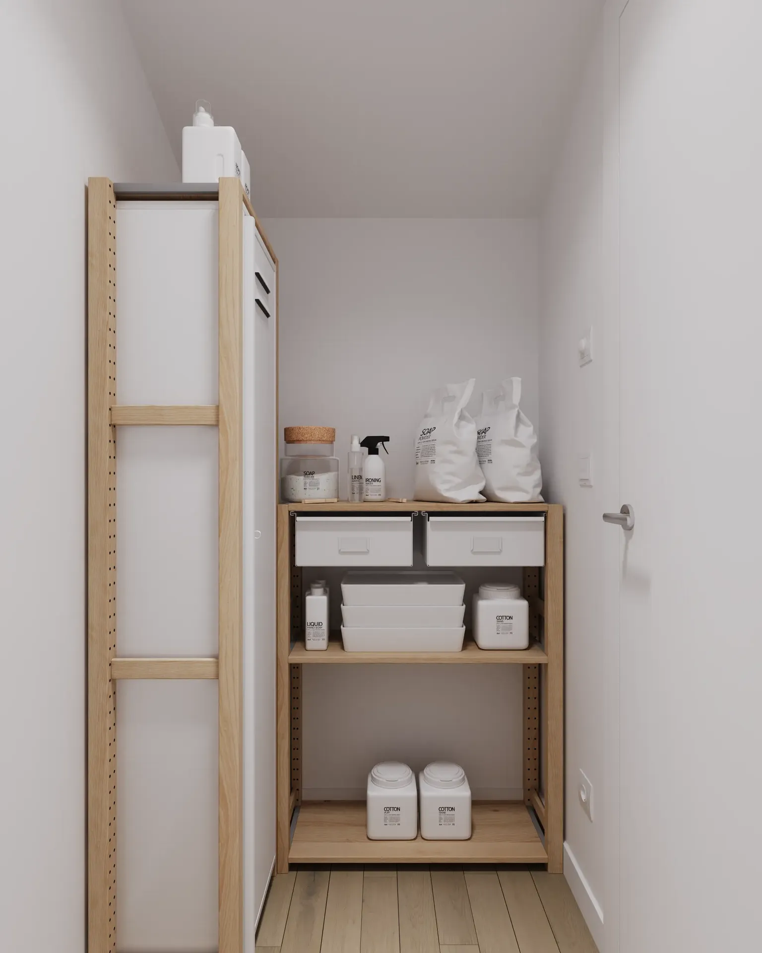 Garde-manger avec étagères pour produits chimiques et électroménagers.