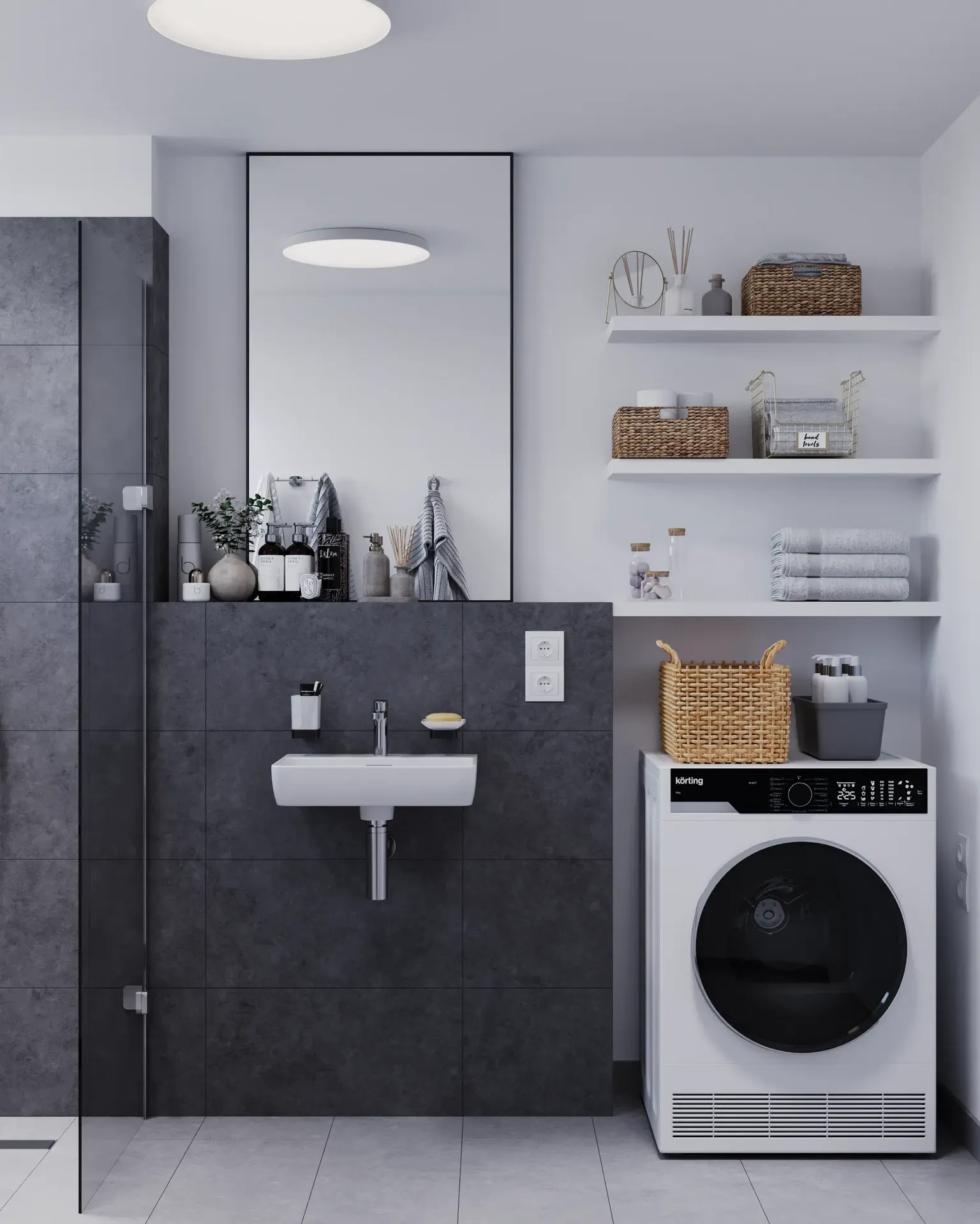 Vue de face d'un évier, d'un miroir, d'un lave-linge et d'étagères de rangement.