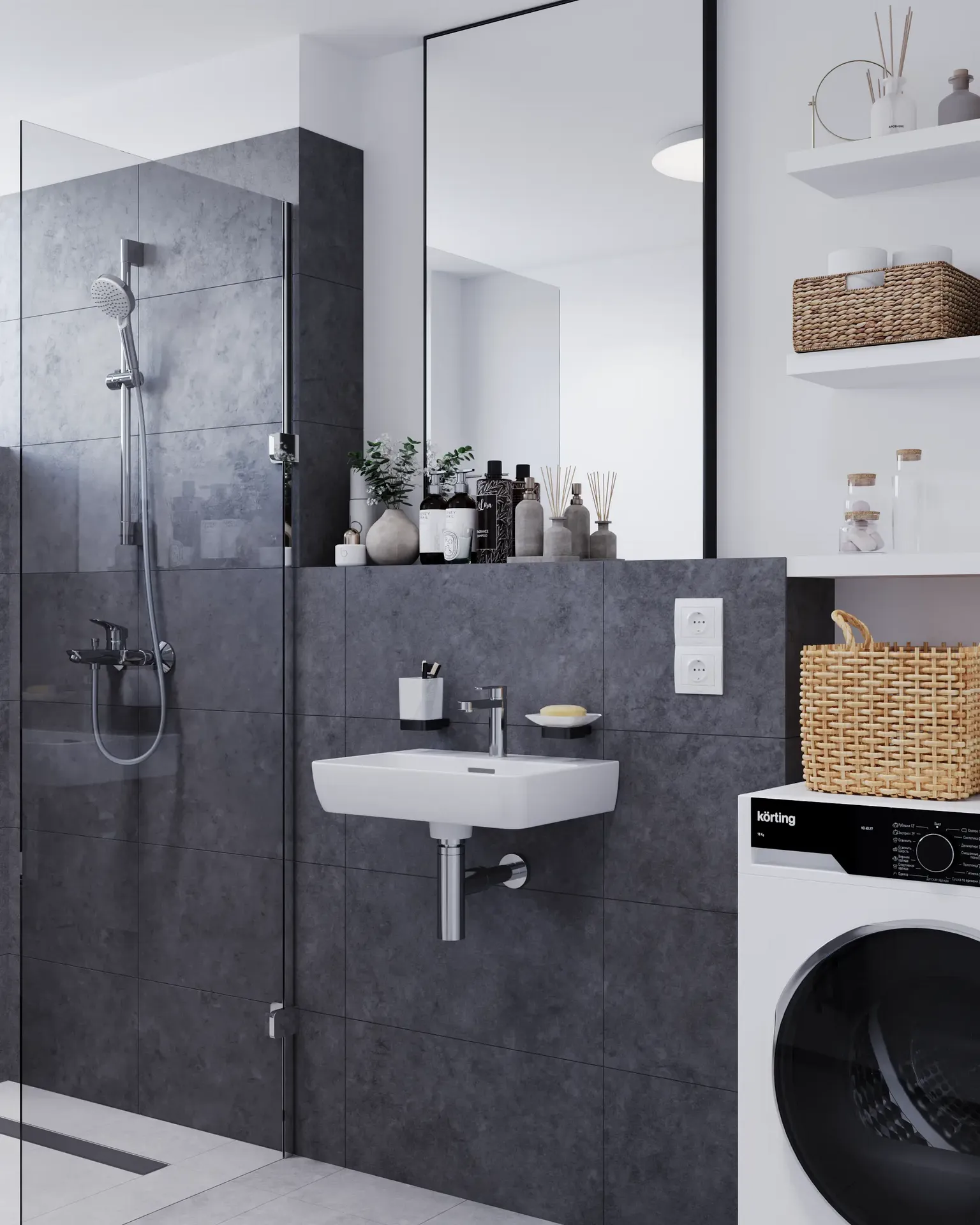 Vue en angle d'une douche et d'un lavabo.