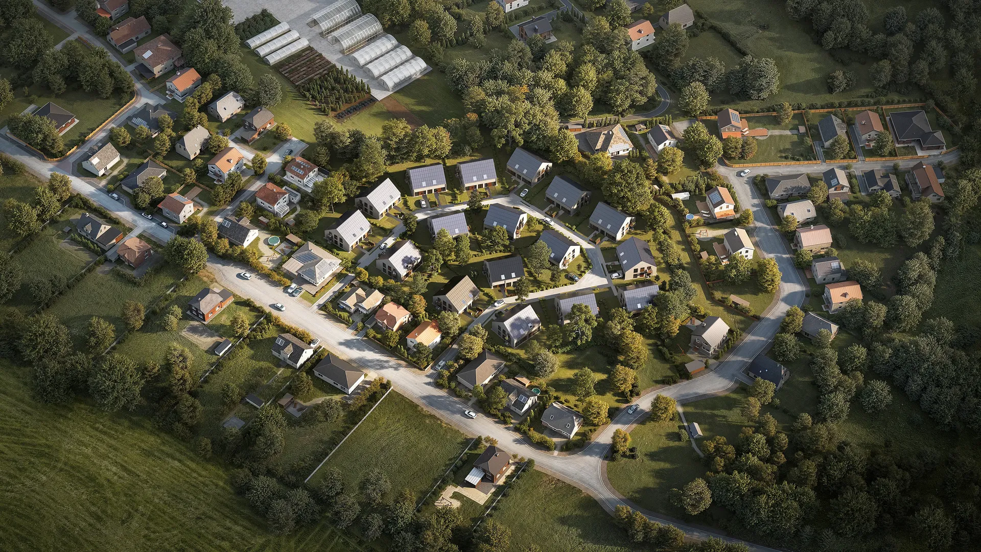 Vue aérienne d'un complexe résidentiel (au loin).
