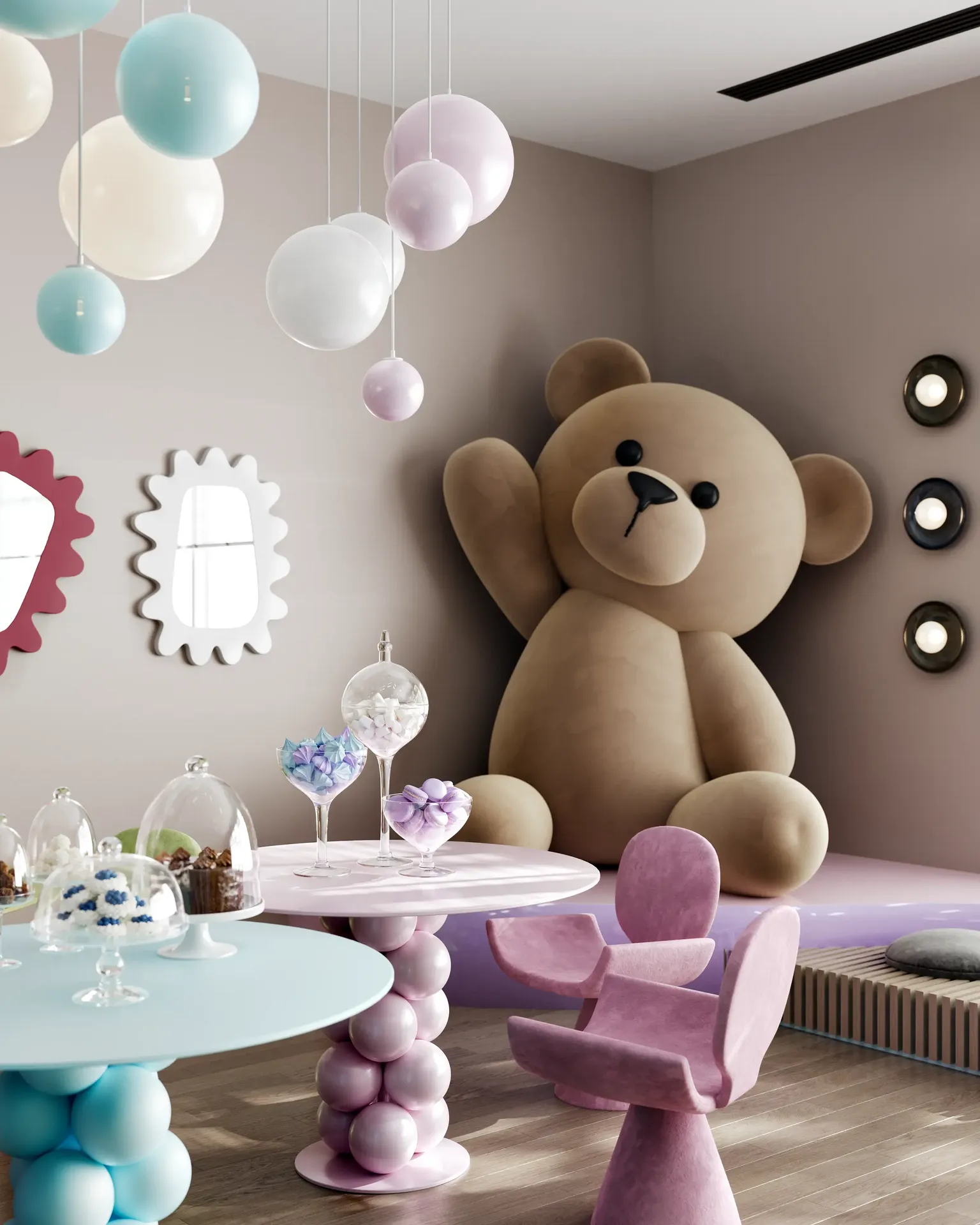 Salle de fête pour enfants avec tables colorées garnies de bonbons, de gâteaux et de jouets pour une fête.