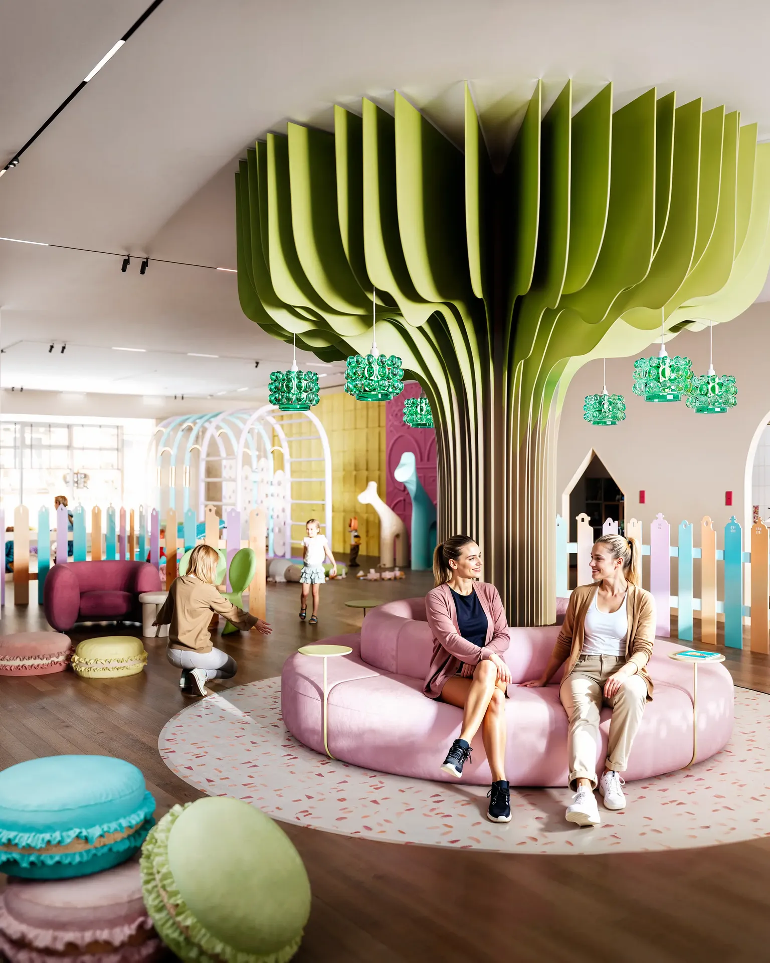 Salon confortable pour les parents dans un centre pour enfants, avec des sièges confortables et une mère accueillant sa fille.