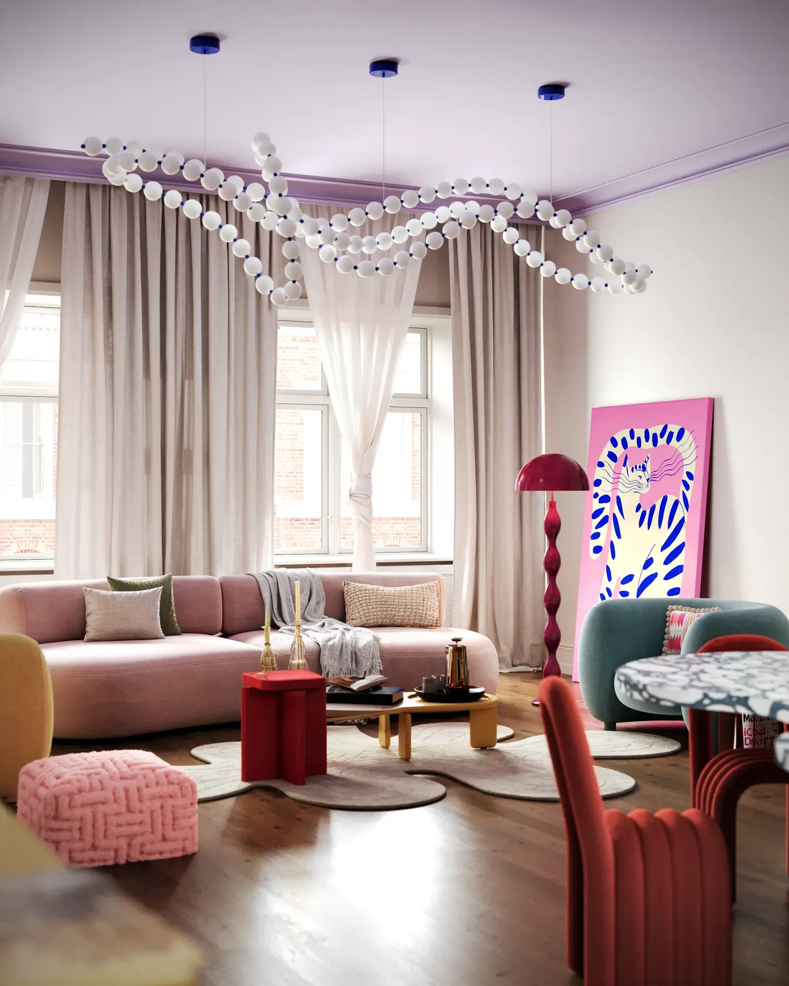Vibrante sala de estar de estilo pop art con un llamativo sofá, lámpara de pie, sillones y una gran ventana.