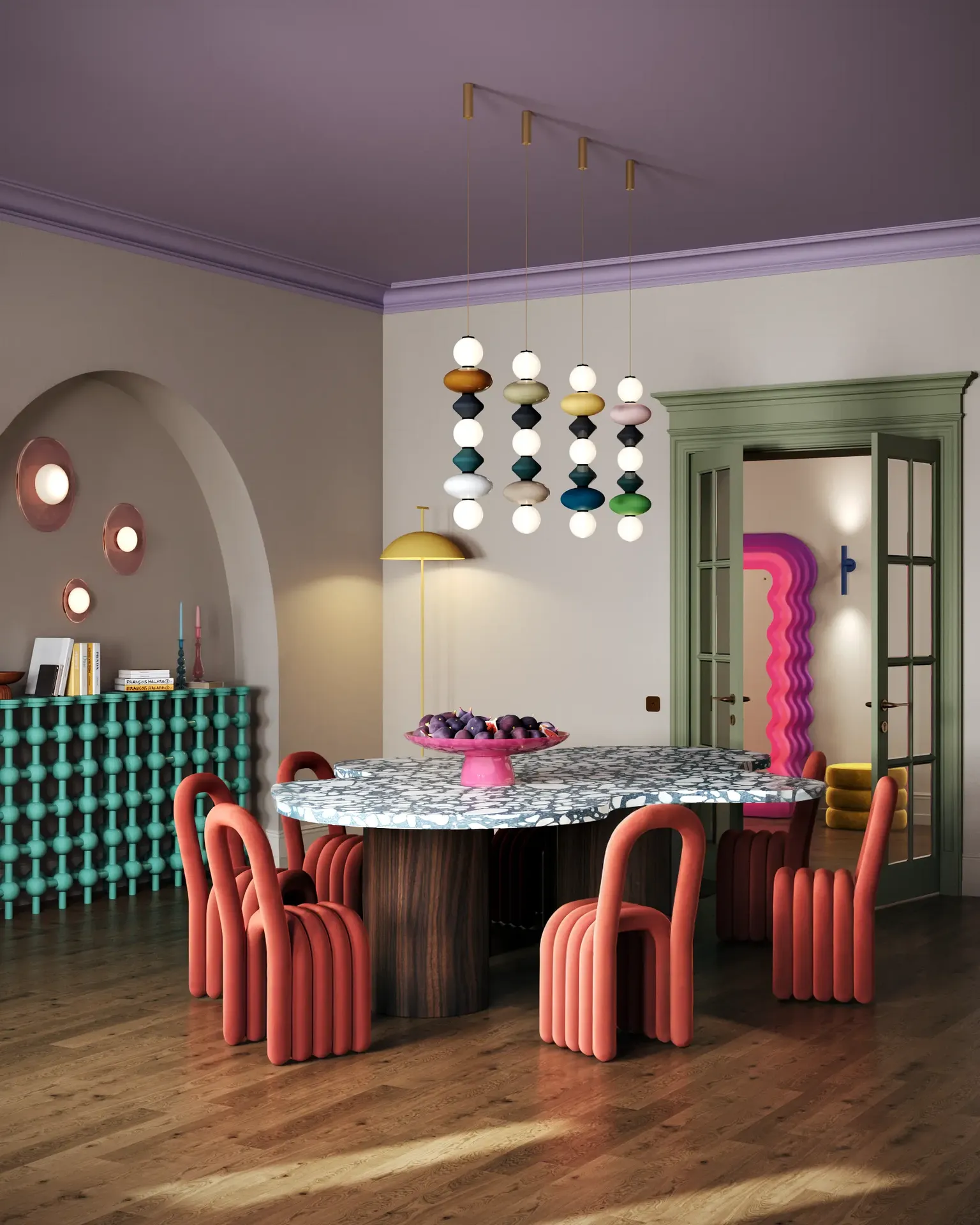Espacio de comedor luminoso con vista al pasillo adyacente, que combina arte pop y estilos modernos.