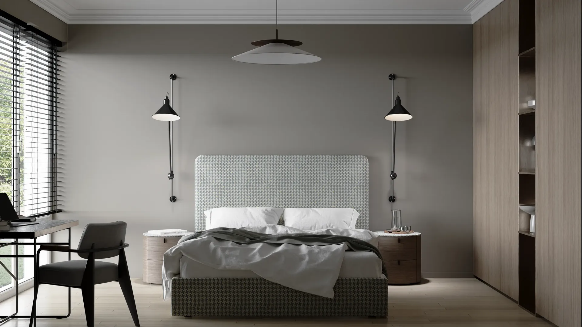 Vue de face d'un lit, d'une armoire, d'un espace de travail, de tables de nuit et d'appliques.