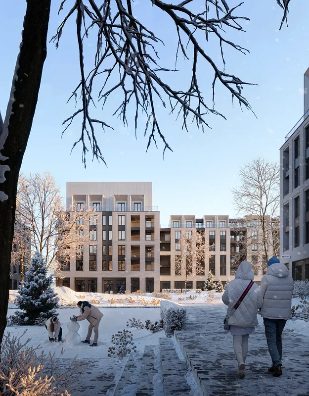 Sunny winter residential scene with snow, walking paths, and residents outdoors