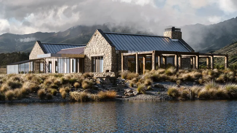 Modern lake house exterior in autumn with mountain landscape background