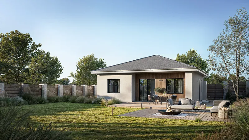 View of a house with a BBQ relaxation zone and sofas.