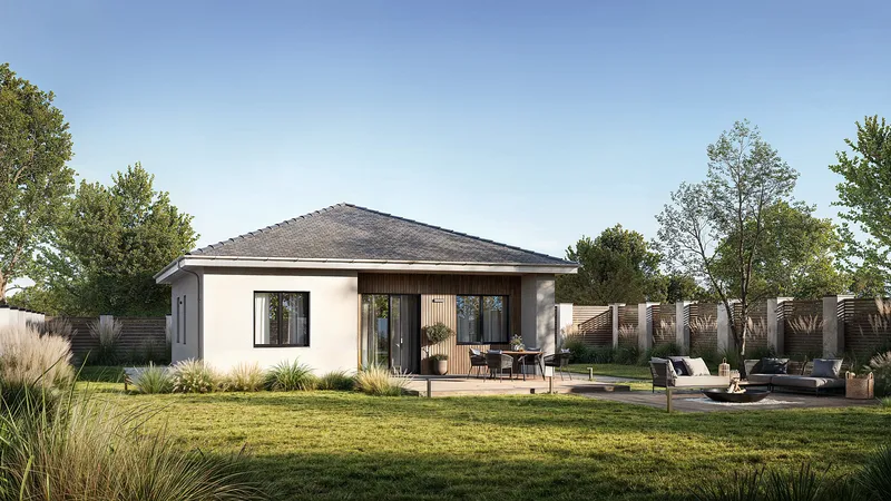 Modern house facade with a terrace dining area and cozy BBQ lounge.