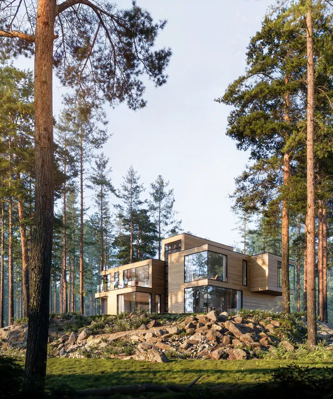 Modern villa nestled in a pine forest during the day.