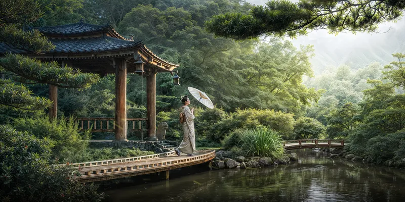 Rainy day in a park with a gazebo and woman walking by a lake.