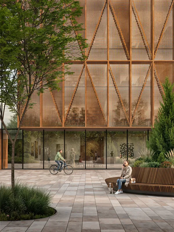 Front facade view of a community center and entrance.