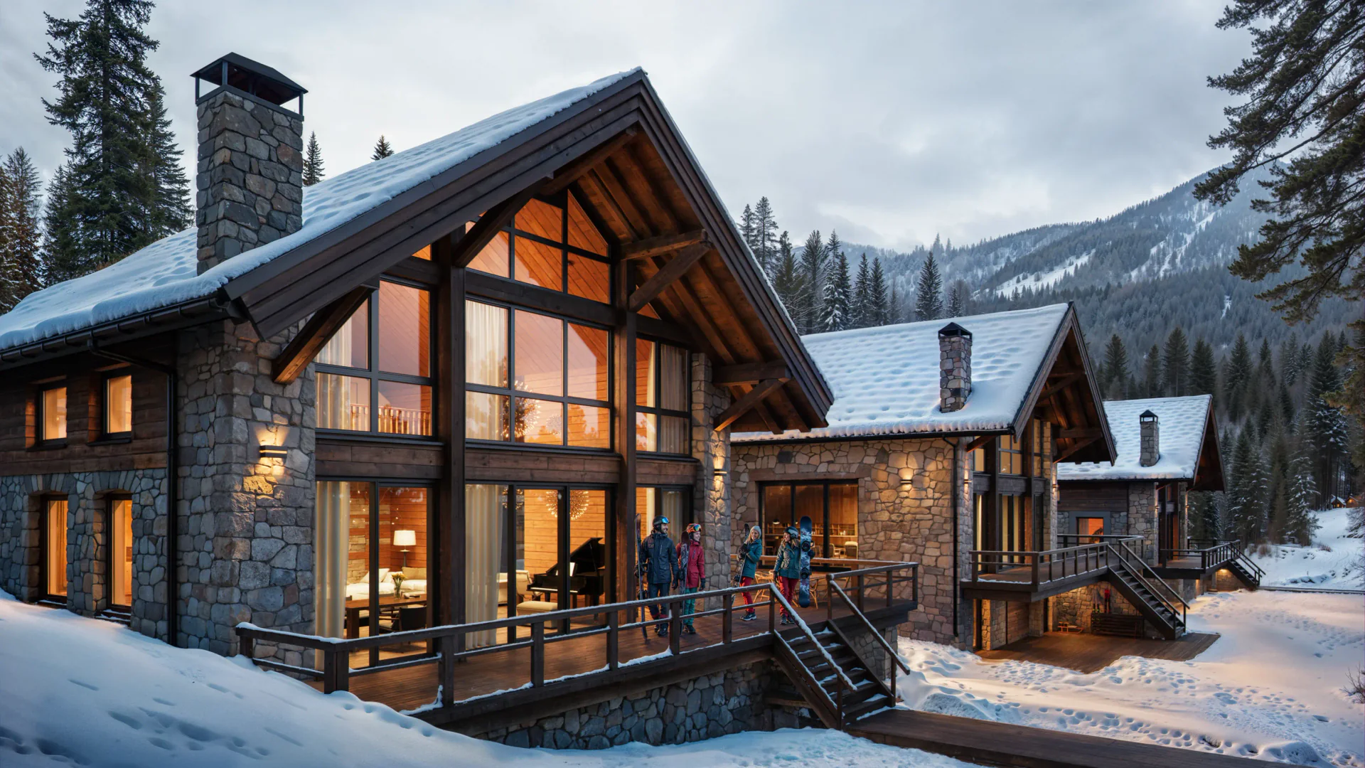 Modern alpine residence featuring stone cottages designed for mountain comfort.