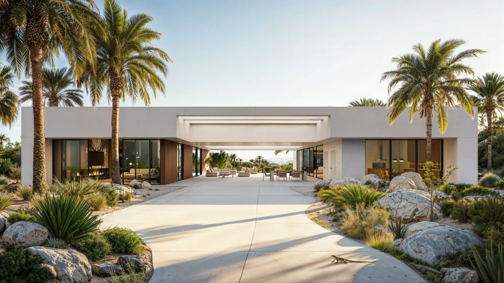 Front view of luxury desert oasis villa with arid landscaping