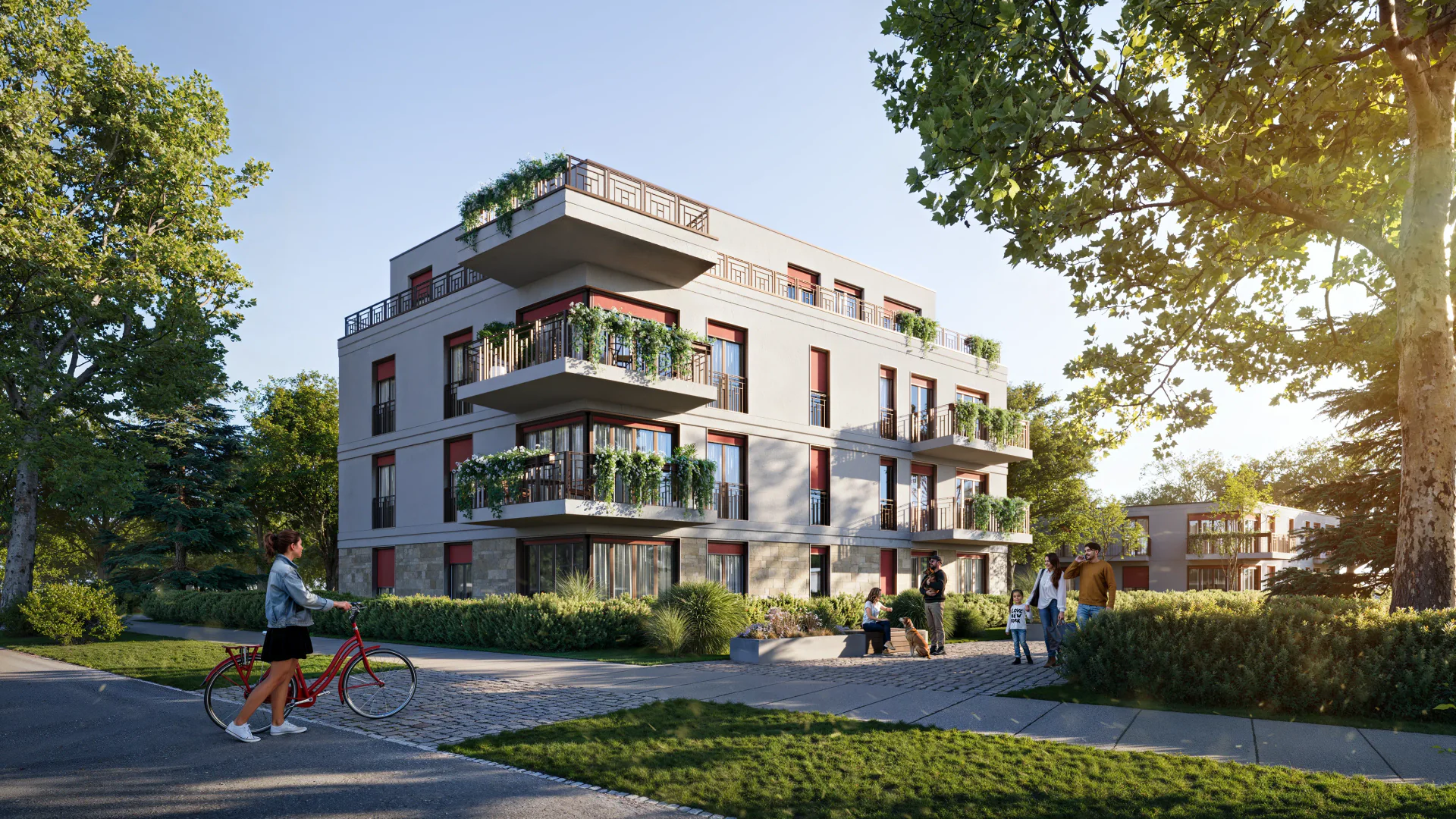 Vue inclinée d'une façade complexe avec balcons et verdure.