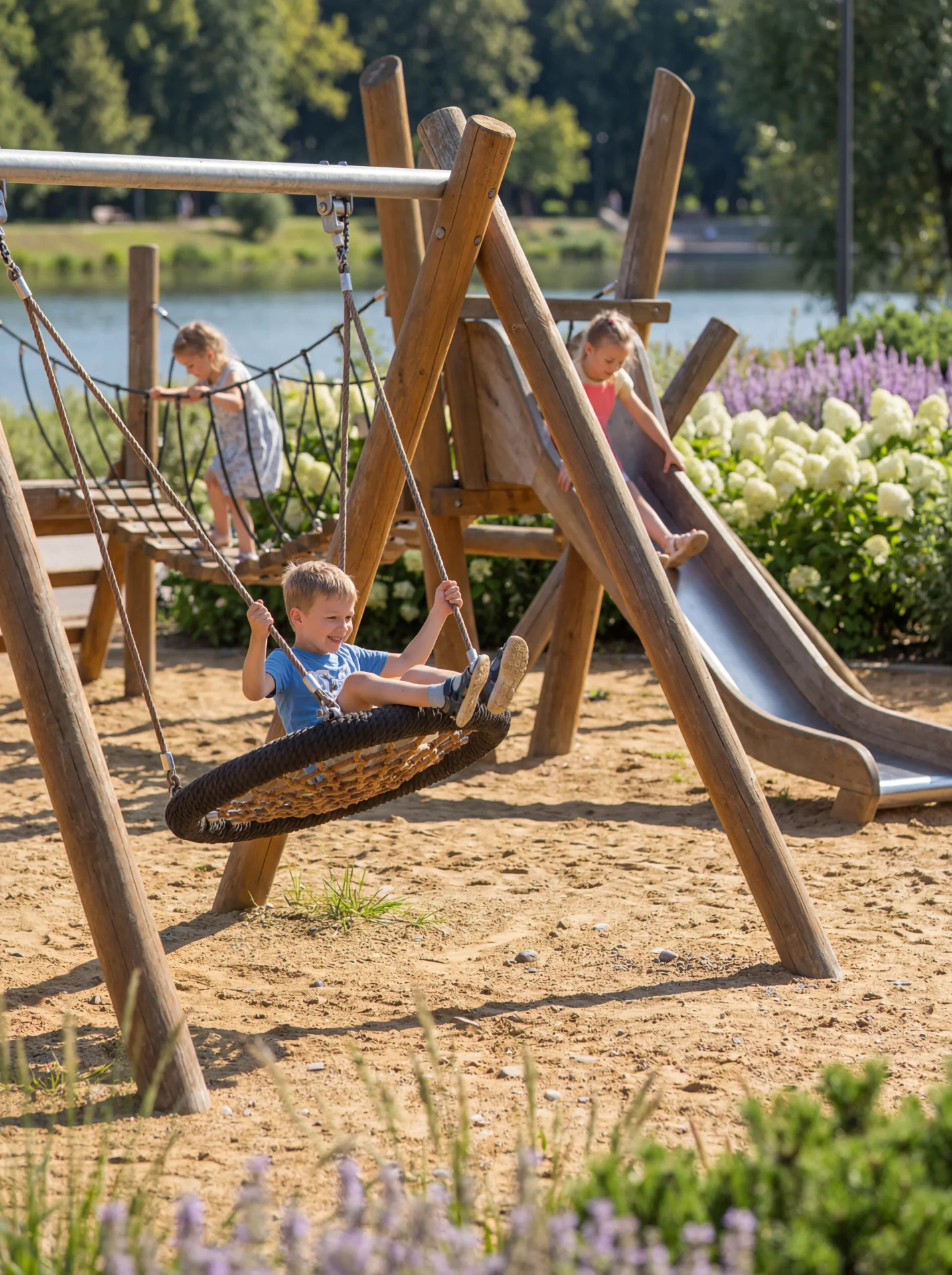 Park amenities and visitors bringing vibrant life to a public landscape visualization