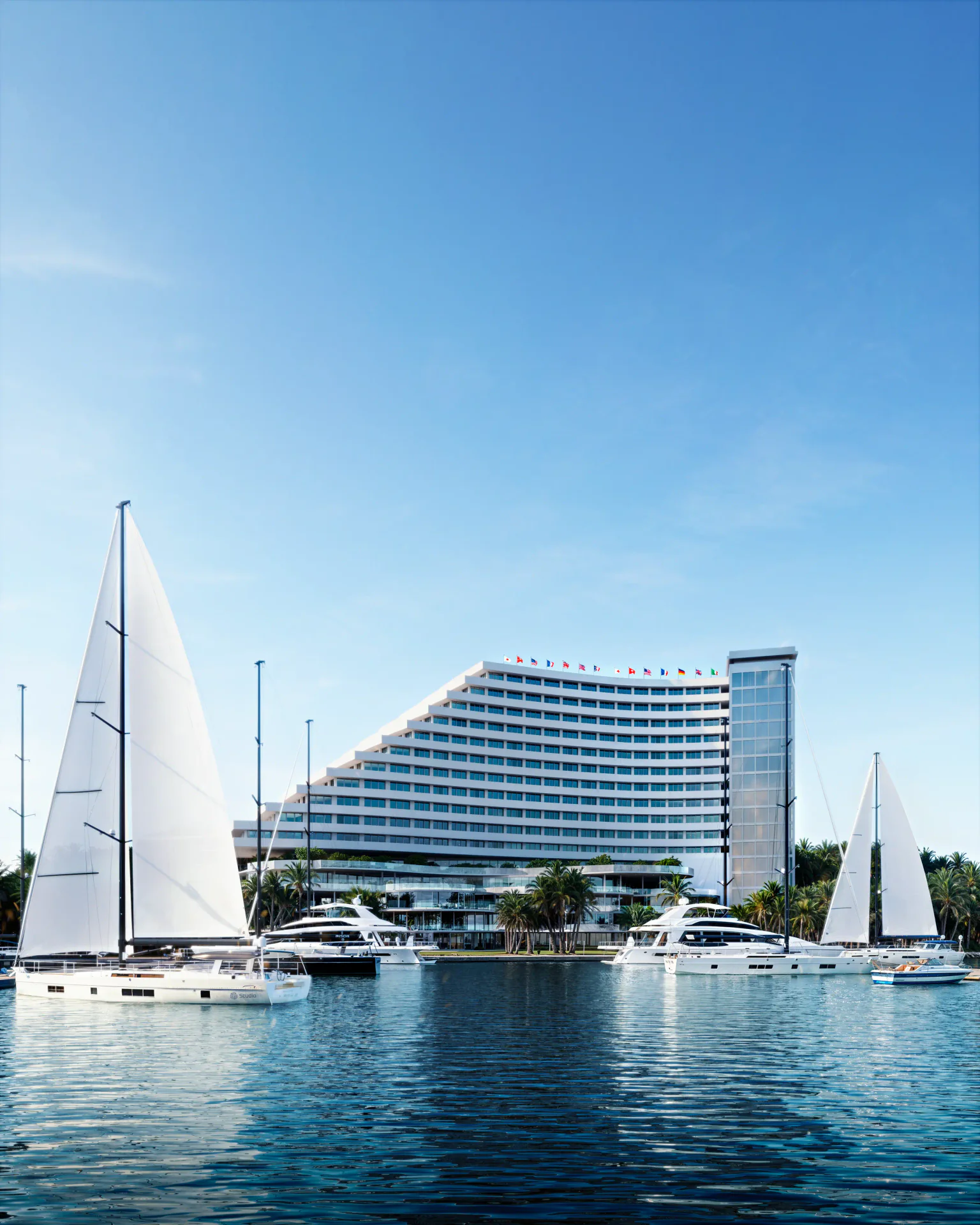 Seaside resort hotel exterior overlooking marina with yachts and sailboats