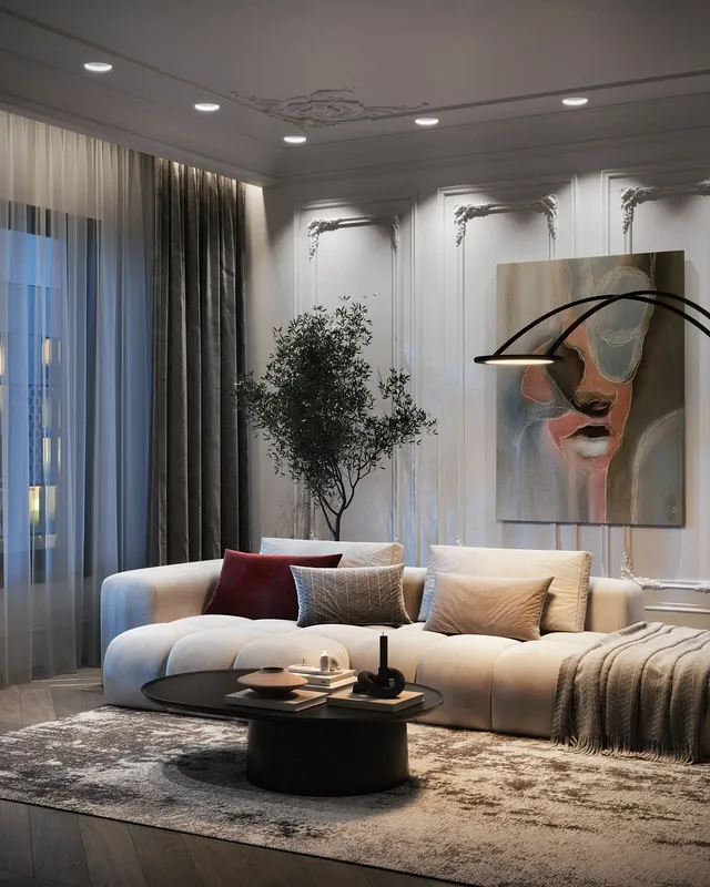 Neoclassical interior at dusk, showcasing multiple lighting layers: overhead, floor lamp, and accent lights.