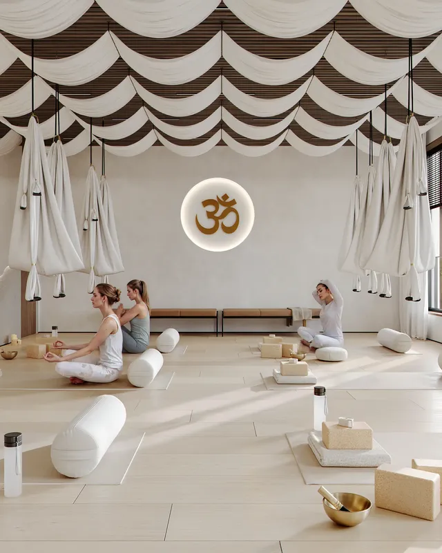 Serene studio ambience during a group yoga session.