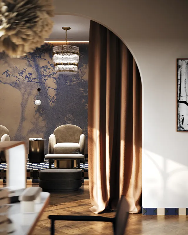 Symmetrical frontal view of the elegant arched entryway leading into the salon's pedicure zone.