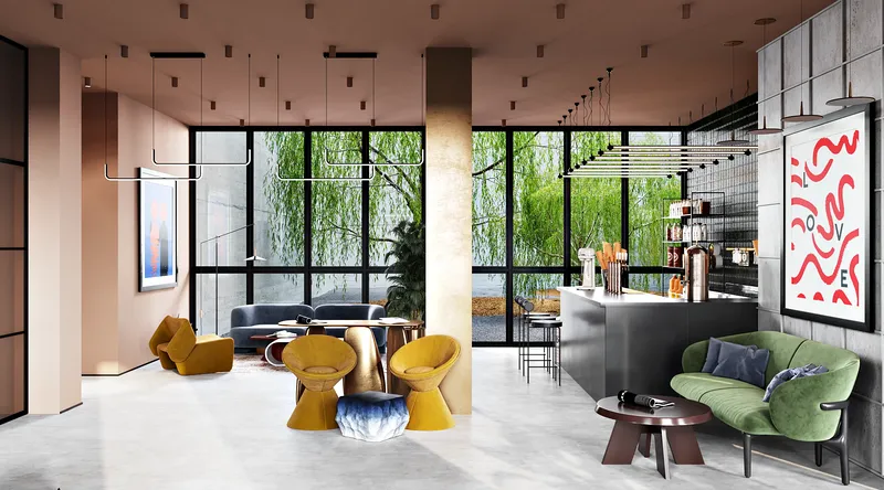 Wide shot of open-plan waiting area, lounge, and cafe