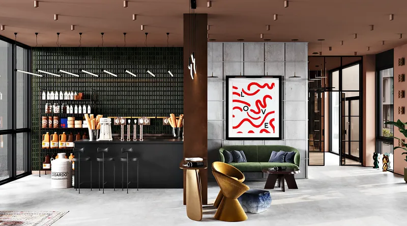 Overview of contemporary waiting zone and cafe interior