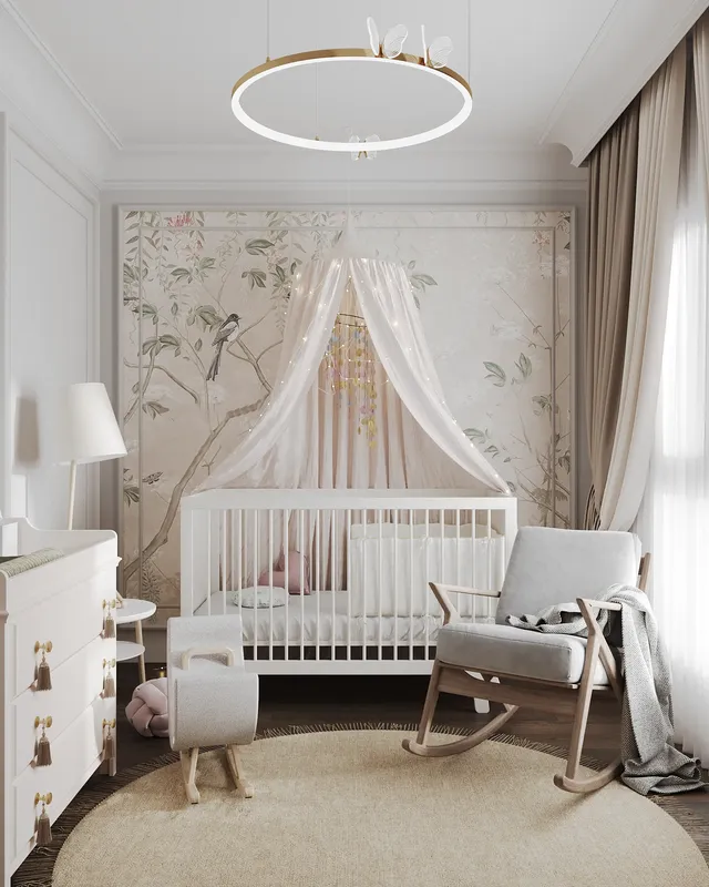 Nursery interior with crib, dresser, and nursing chair