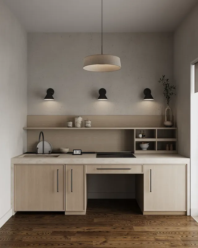 Accessible kitchen with task lighting and lower storage shelves.