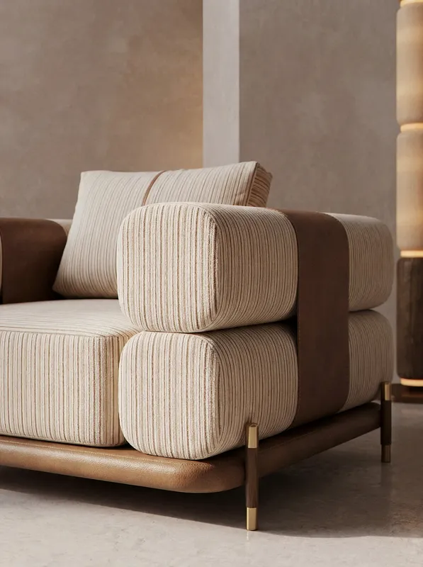 Close-up detail of armchair upholstery and armrest mixing fabric and leather.