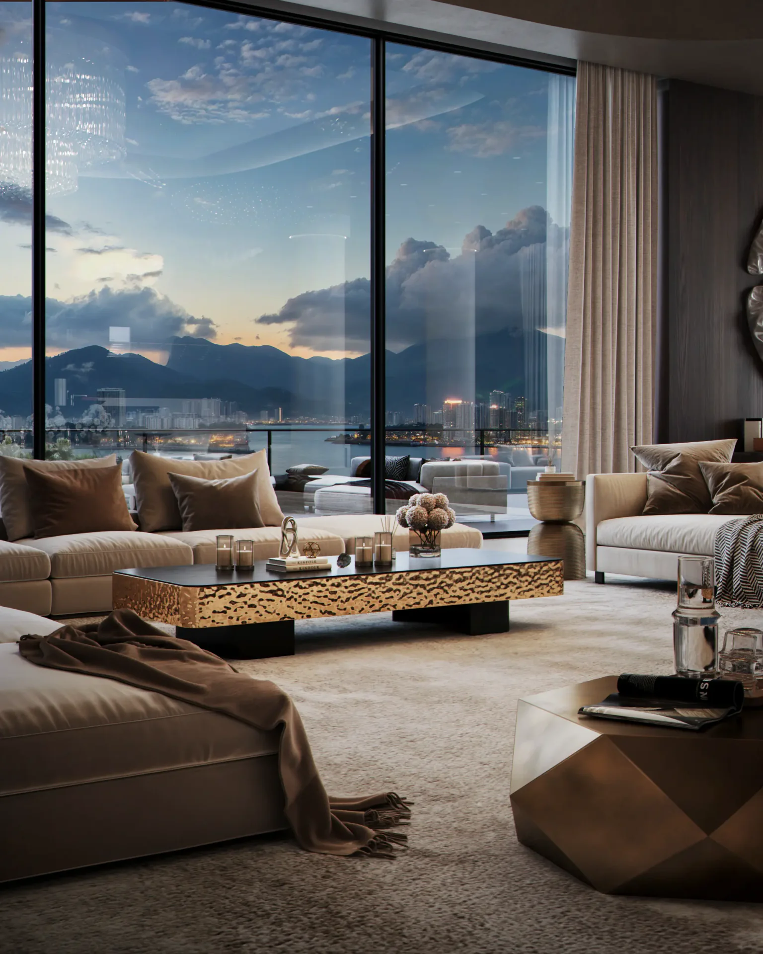 Elegant lounge area in a modern penthouse, showcasing a plush sofa and side table against a stunning sunset.