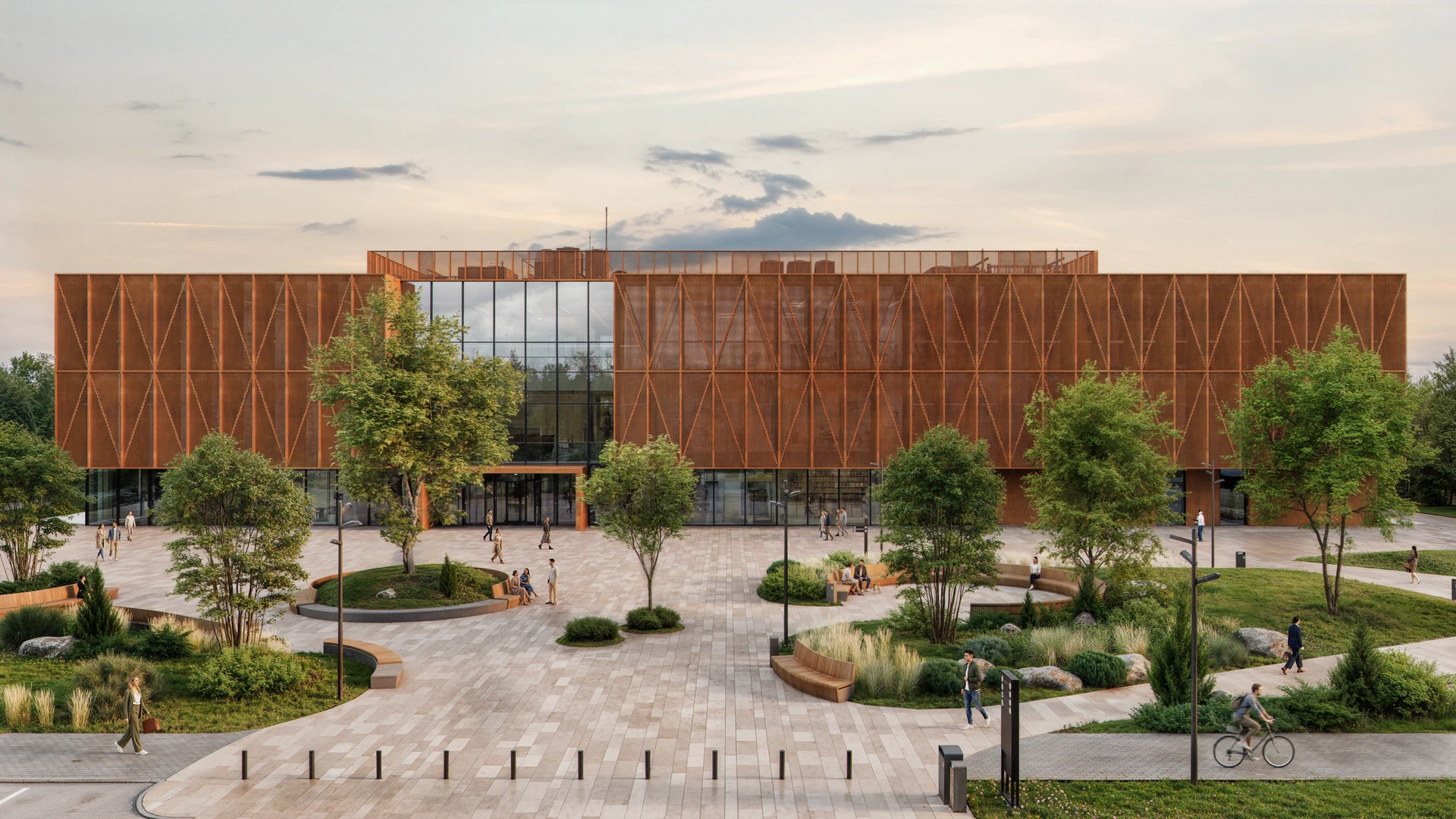Community center architectural visualization with landscaped surroundings