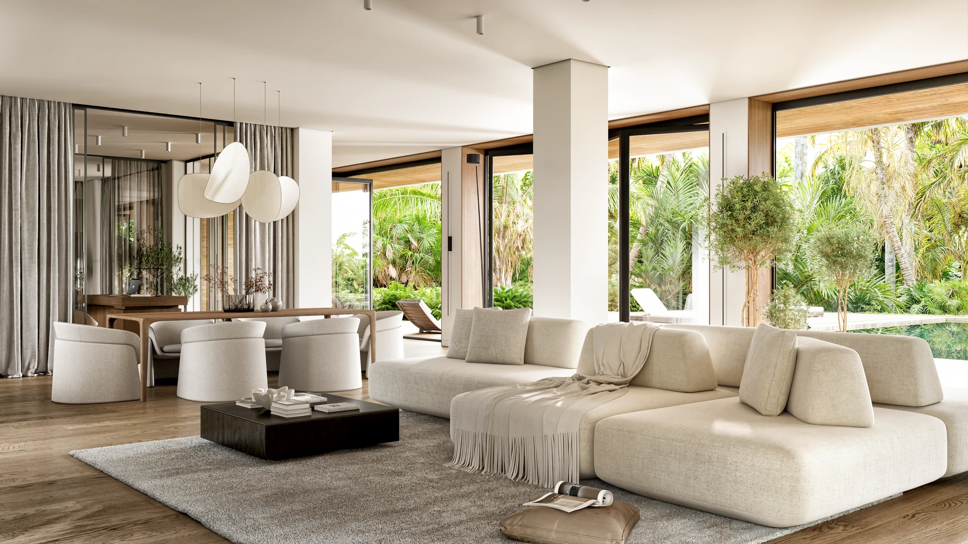 Luxury villa living room with designer furniture and natural light