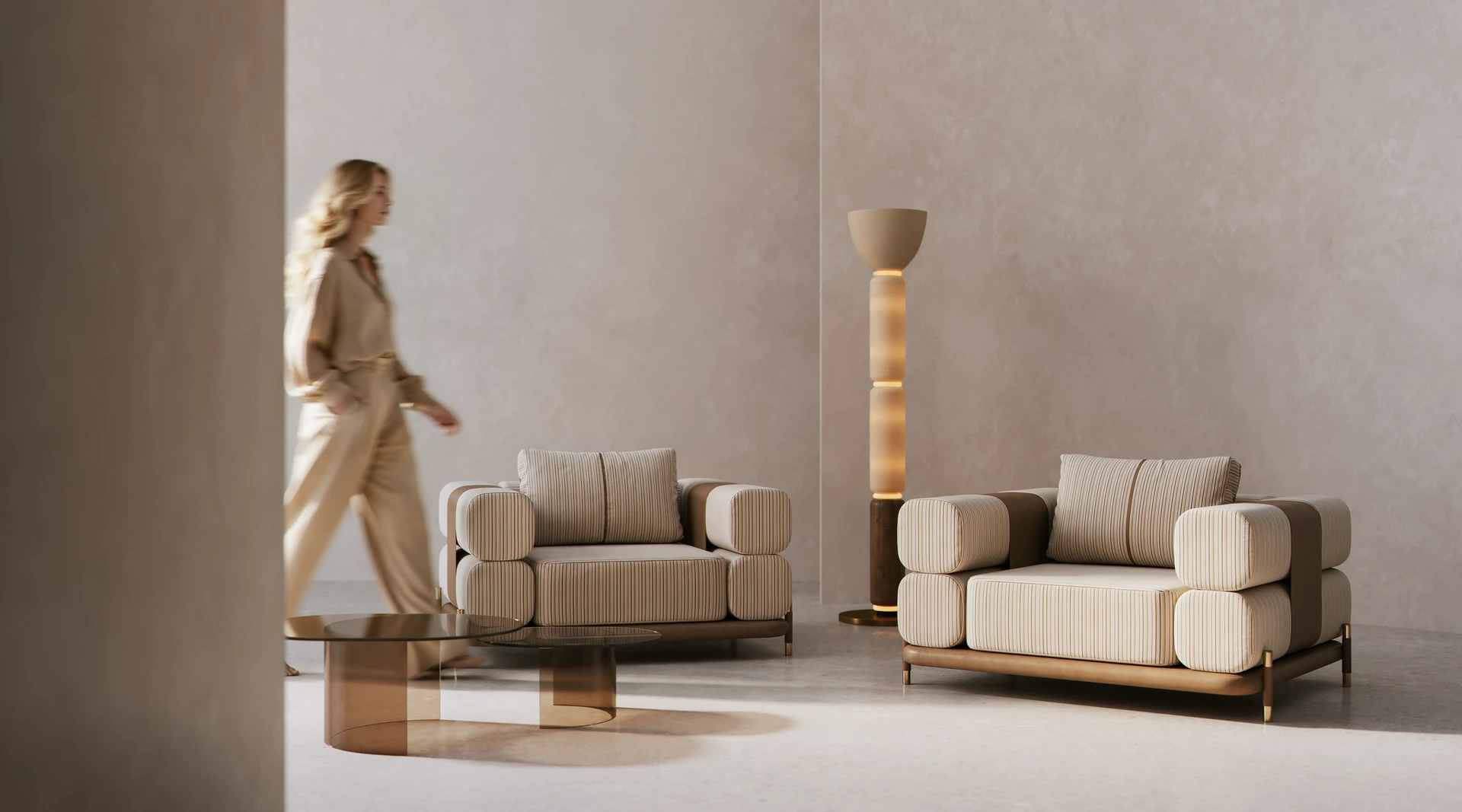 Designer armchair product visualization with a model in a styled setting