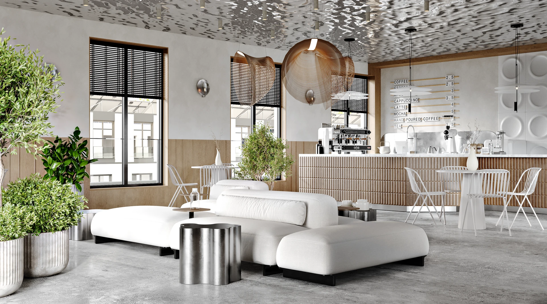 Spa and wellness cafe interior with refined materials and natural light