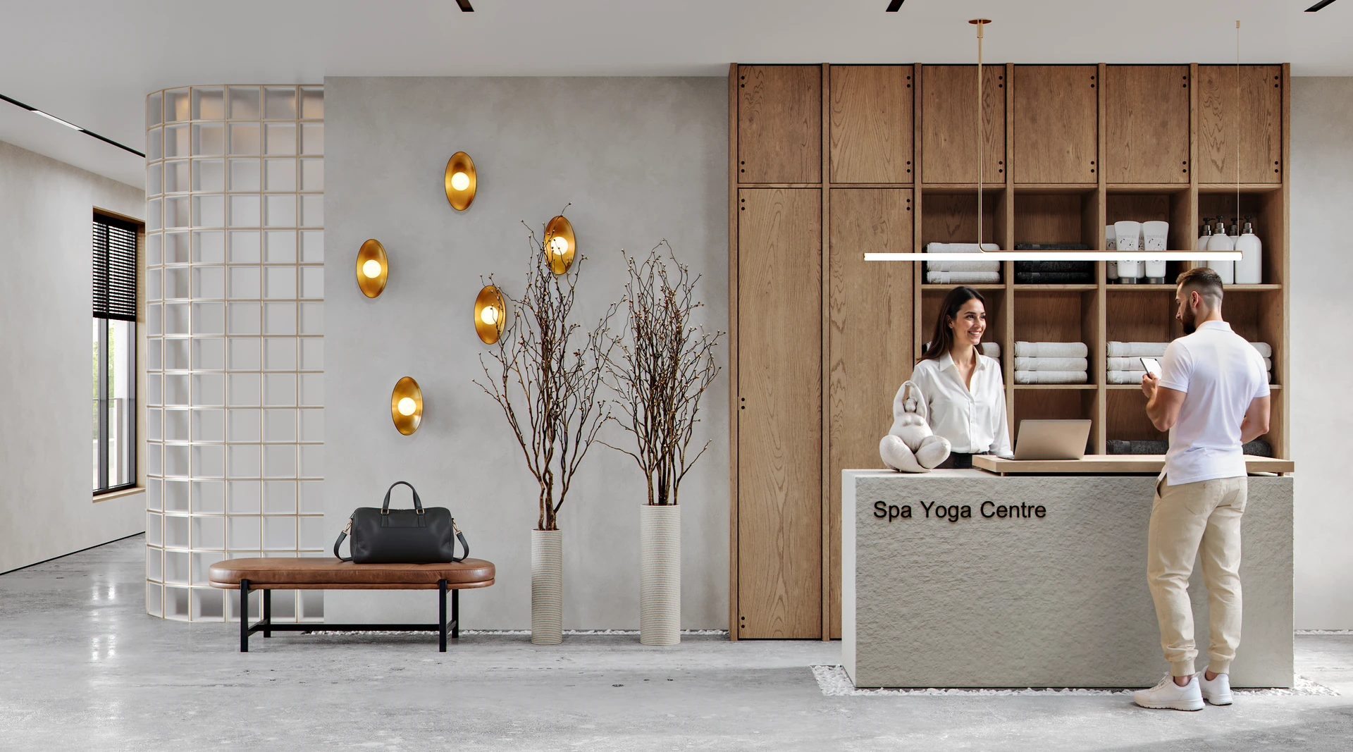 Spa and wellness reception hall interior with guests