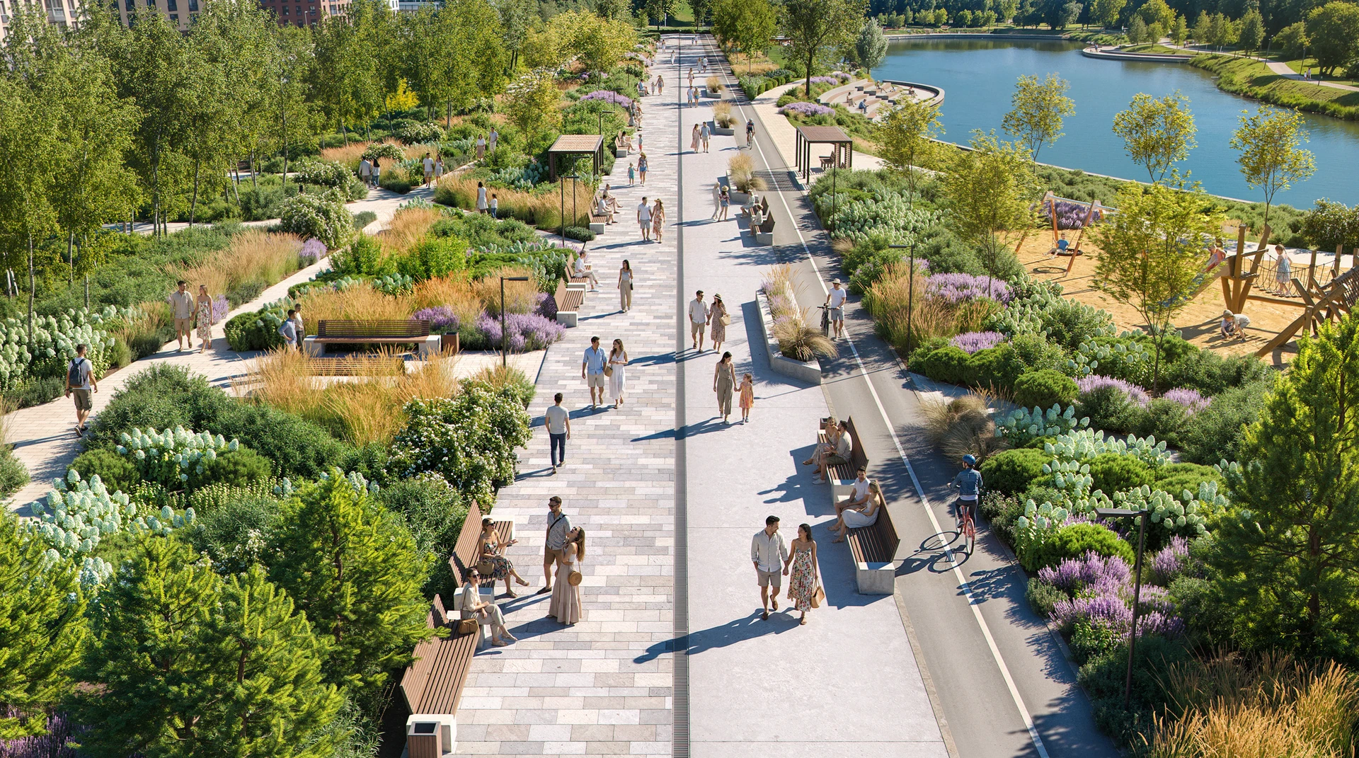 Riverside eco park with lush planting, water, and people enjoying the landscape